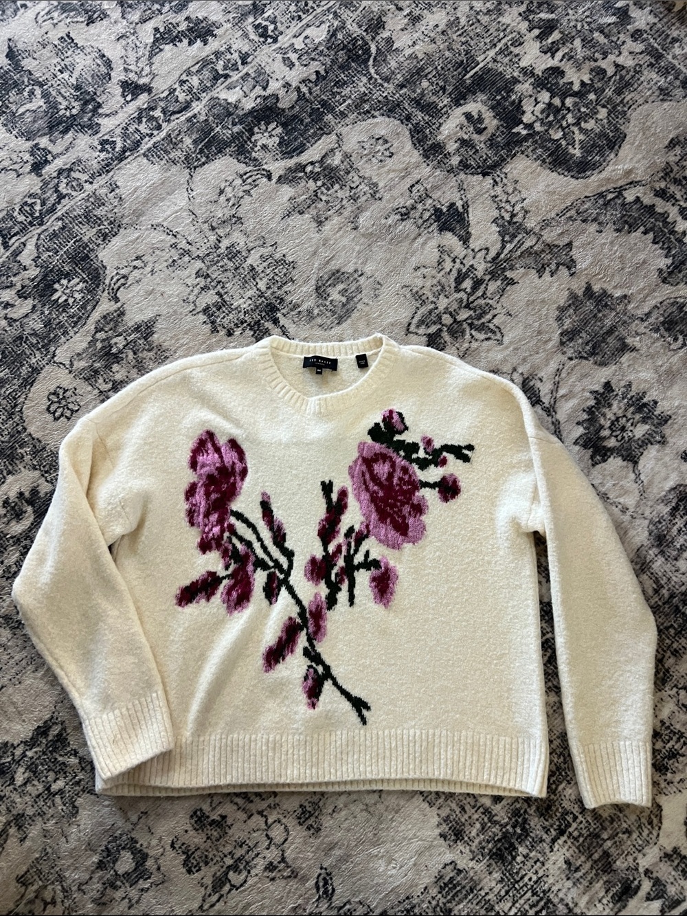 Ted Baker London Ivory Crewneck Sweater with Pink Floral Embroidery